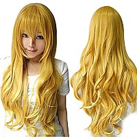 Anogol Hair Cap Yellow Long Wavy Cosplay Wig Synthetic Wig For Girls Yellow Wavy Cosplay Wig Cosplay Costume For Halloween Part