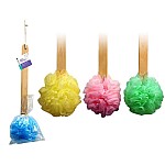 4Pk 15 Long Wooden Handle Back Scrubber Bath Shower Mesh Sponge Exfoliating Body Brush Wash Nylon Puff Spa