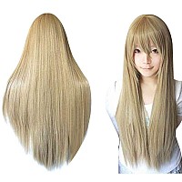 Anogol Hair Cap32Inch80Cm Long Blonde Wig With Bangs Peluca Rubia Wig For Cosplay Synthetic Ash Blonde Wig With Bangs For Ani