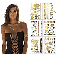 Terra Tattoos Gold Metallic Tattoo Flash Sheets Designs Of Seashells Sun Flowers More Face Tattoos For Women Waterproof Non