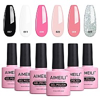 AIMEILI Valentine's Day Gel Nail Polish Set, French Tips White Gel Nail Polish Kit Clear Nude Pink Glitter Black Gel Polish Set Of 6pcs X 10ml - Kit Set 1