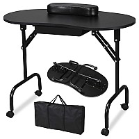 Yaheetech 37-Inch Portable & Foldable Manicure Table Nail Desk Workstation With Large Drawer/Client Wrist Pad/Controllable Wheels/Carrying Case For Spa Beauty Salon Black