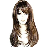 Kalyss Brown with Highlights Yaki Synthetic Women's Wig With Hair Bangs Centre Parting Long Straight Layered Heat Resistant Synthetic Hair Wig for Women (brown with highlights color)