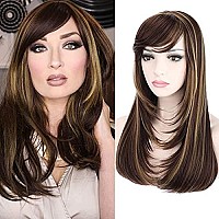 Kalyss Brown with Highlights Yaki Synthetic Women's Wig With Hair Bangs Centre Parting Long Straight Layered Heat Resistant Synthetic Hair Wig for Women (brown with highlights color)