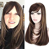 Kalyss Brown with Highlights Yaki Synthetic Women's Wig With Hair Bangs Centre Parting Long Straight Layered Heat Resistant Synthetic Hair Wig for Women (brown with highlights color)