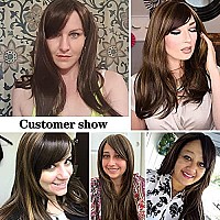 Kalyss Brown with Highlights Yaki Synthetic Women's Wig With Hair Bangs Centre Parting Long Straight Layered Heat Resistant Synthetic Hair Wig for Women (brown with highlights color)