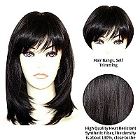 Kalyss Black Wigs With Hair Bangs Medium Long Straight Layered Synthetic Hair Wigs For Women