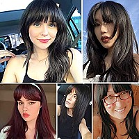 Kalyss Black Wigs With Hair Bangs Medium Long Straight Layered Synthetic Hair Wigs For Women