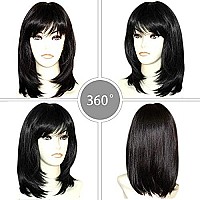 Kalyss Black Wigs With Hair Bangs Medium Long Straight Layered Synthetic Hair Wigs For Women