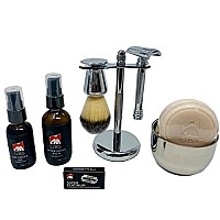 G.B.S Men's Shave Kit Made in Solingen Germany 39C Slant DE Double Edge Razor & Brush Stand Shaving Bowl, Soap + DE Razor Blades Stubble Remover Effortless Glide Premium Travel Professional Personal