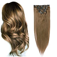 Clip in Hair Extensions, Ash Brown 7 Pieces 70Gram Straight Remy Human Hair Extensions Clip in Double Weft Real Hair Extensions Clip on 15 Inch for Women