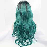 Xiweiya Dark Green Body Wave Synthetic Lace Front Wig With Dark Roots Glueless Natural Hairline 13 4 Lace Wig Heat Resistant F