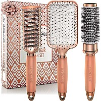 Lily England Professional Hair Brush Set for Women & Teen Girls - Perfect Valentine Gifts for Her - Paddle Brush, Blow-Drying Round Brush & Drying Vented Hair Brush for Hair Styling, Rose Gold