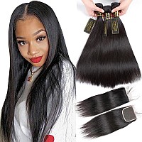 Qthair 14A Brazilian Straight Hair 3 Bundles With 4X4 Lace Closure16 18 20 With 14 Free Part Closurenatural Black 100 Un