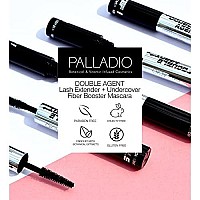 Palladio Double Agent Lash Extender Undercover Fiber Booster Mascara, dual lash system, increase eyelash length and volume, boost lashes for a bold dramatic look, voluminous makeup mascara, Jet Black