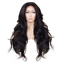 ANOGOL Hair Cap+24'' Long Natural Wavy Black Synthetic Lace Front Wig Hair Wigs