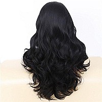 ANOGOL Hair Cap+24'' Long Natural Wavy Black Synthetic Lace Front Wig Hair Wigs