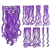 Swacc 7 Pcs Full Head Party Highlights Clip On In Hair Extensions Colored Hair Streak Synthetic Hairpieces 20Inch Curly Purpl