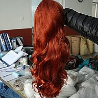 Xiweiya Copper Red Lace Front Wig Long Natural Wavy Synthetic Auburn Lace Front Wig Pre Plucked Free Part Heat Resistant Hair Fo