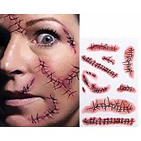 Tinuos Horror Realistic Fake Bloody Wound Stitch Scar Scab Waterproof Temporary Tattoo Sticker Halloween Masquerade Prank Makeup