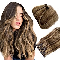 Clip In Hair Extensions Real Human Hair Extensions 22 Inches 70G Brown With Blonde Highlights Clip On For Fine Hair Full Head 7