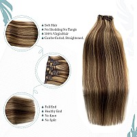 Clip In Hair Extensions Real Human Hair Extensions 22 Inches 70G Brown With Blonde Highlights Clip On For Fine Hair Full Head 7