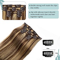 Clip In Hair Extensions Real Human Hair Extensions 22 Inches 70G Brown With Blonde Highlights Clip On For Fine Hair Full Head 7