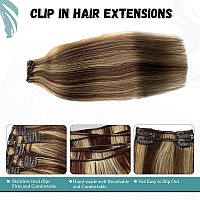 Clip In Hair Extensions Real Human Hair Extensions 22 Inches 70G Brown With Blonde Highlights Clip On For Fine Hair Full Head 7