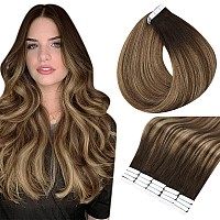 Full Shine Balayage Brown Tape in Hair Extensions 16 Inch Seamless Tape in Extensions Color 2 Darkest Brown Fading to 3 And 27 Honey Blonde Tape in Human Hair Extensions 20 Pcs 50 Grams