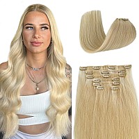 Blonde Human Hair Extensions Clip In Seamless Straight Platinum Blonde Clip In Hair Extensions For Women 20 Inch 70G 7Pcs Double