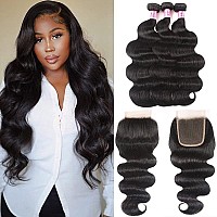 Unice Hair Brazilian Body Wave 3 Bundles with Free Part Lace Closure Unprocessed Virgin Human Hair Weave Extensions (20 22 24+18)