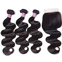 Unice Hair Brazilian Body Wave 3 Bundles with Free Part Lace Closure Unprocessed Virgin Human Hair Weave Extensions (20 22 24+18)