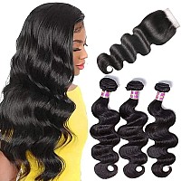 Unice Hair Brazilian Body Wave 3 Bundles with Free Part Lace Closure Unprocessed Virgin Human Hair Weave Extensions (20 22 24+18)