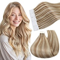 Ugeat Invisible Tape In Hair Extensions Human Hair Dark Golden Blonde Highlights Bleach Blonde Glue In Hair Extensions Real Huma