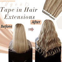 Ugeat Invisible Tape In Hair Extensions Human Hair Dark Golden Blonde Highlights Bleach Blonde Glue In Hair Extensions Real Huma