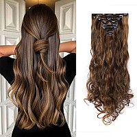 Benehair Clip In Hair Extensions 8Pcs 24Inch Long Wavy Synthetic Hairpieces Ombre Two Tones Highlighted Dark Brown Coffee Brow