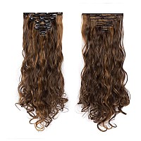 Benehair Clip In Hair Extensions 8Pcs 24Inch Long Wavy Synthetic Hairpieces Ombre Two Tones Highlighted Dark Brown Coffee Brow