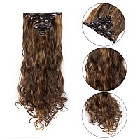 Benehair Clip In Hair Extensions 8Pcs 24Inch Long Wavy Synthetic Hairpieces Ombre Two Tones Highlighted Dark Brown Coffee Brow