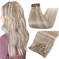 Full Shine clip in Hair Extensions 120grams Blonde clip in Human Hair Extensions Remy Seamless Ash Blonde Hair Highlight Platinum Blonde Real Hair clip in Extensions Double Weft 7Pcs120g 22 Inch