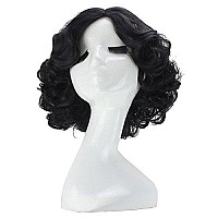 Anogol Hair Cap+Short Black Curly Wigs with Middle Part for Women Synthetic Wig Cosplay