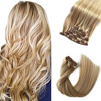 Clip in Hair Extensions Strawberry/Rose Blonde with Blonde Highlights Human Hair Clip in Extensions for White Women 7 Pieces 70 Gram Silky Straight Weft Remy Hair Extensions Clip on Real Balayage Hair Extensions for Kids 18 Inch