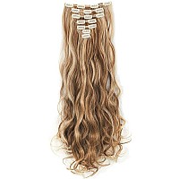 Lelinta 7Pcs 16 Clips 24 Inch Wavy Curly Full Head Clip In On Double Weft Hair Extensions Ginger Brown Mix Bleach Blonde