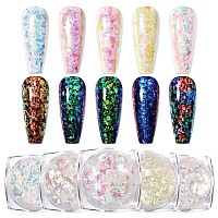 Born Pretty Nail Confetti Powder Chameleon Flakes Paillette Chrome Nail Powder Irregular Nail Art Glitter Sequins Flakes 5 Jars