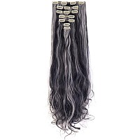 Lelinta 7Pcs 16 Clips 24 Inch Wavy Curly Full Head Clip In On Double Weft Hair Extensions Natural Black Mix Silver Grey