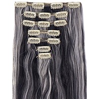 Lelinta 7Pcs 16 Clips 24 Inch Wavy Curly Full Head Clip In On Double Weft Hair Extensions Natural Black Mix Silver Grey