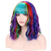 BERON 14 Inches Rainbow Wig Short Curly Wig Women Girl's Synthetic Wig Rainbow Wig with Bangs Wig Cap Included