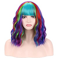 BERON 14 Inches Rainbow Wig Short Curly Wig Women Girl's Synthetic Wig Rainbow Wig with Bangs Wig Cap Included