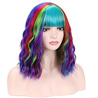 BERON 14 Inches Rainbow Wig Short Curly Wig Women Girl's Synthetic Wig Rainbow Wig with Bangs Wig Cap Included