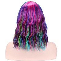 BERON 14 Inches Rainbow Wig Short Curly Wig Women Girl's Synthetic Wig Rainbow Wig with Bangs Wig Cap Included