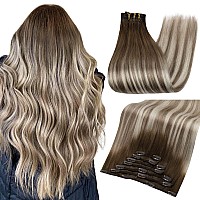 Full Shine Balayage Brown clip in Hair Extensions Human Hair Remy Hair Extensions clip in Human Hair Highlight clip in Hair Dark Brown 3 to 8 Ash Brown and 22 Blonde clip in Extensions 7pcs 120gram 20 Inch